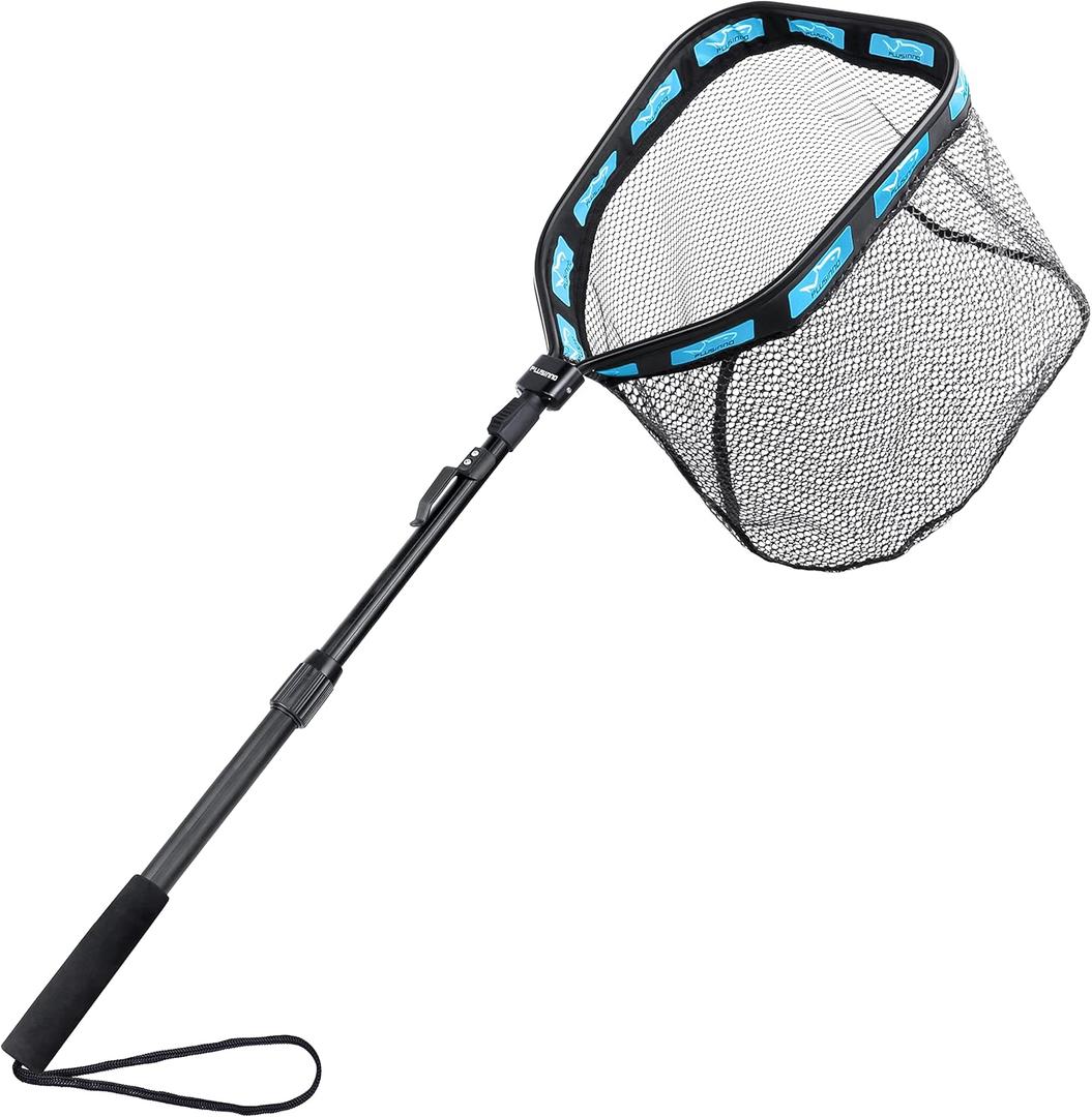 PLUSINNO Floating Fishing Net for Steelhead, Salmon, Fly, Kayak, Catfish, Bass, Trout Fishing, Rubber Coated Landing Net for Easy Catch & Release, Compact & Foldable for Easy Transportation & Storage (19.7"/50cm Hoop Size length 1.35M Blue (Telescopic Pole))