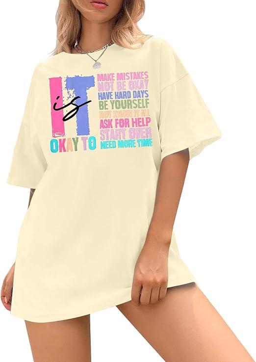 It is Okay to Make Mistake T-Shirt Women Oversized Inspirational Letter Print Graphic Shirts Casual Mental Health Tops, M