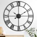 Large Wall Clock, 24-Inch(60CM) Roman Numeral Decorative Art Clock,Completely Silent, Non Ticking, Battery-Operated Metal Wall Clock for Living Room, Bedroom and Kitchen (Carbon Black)
