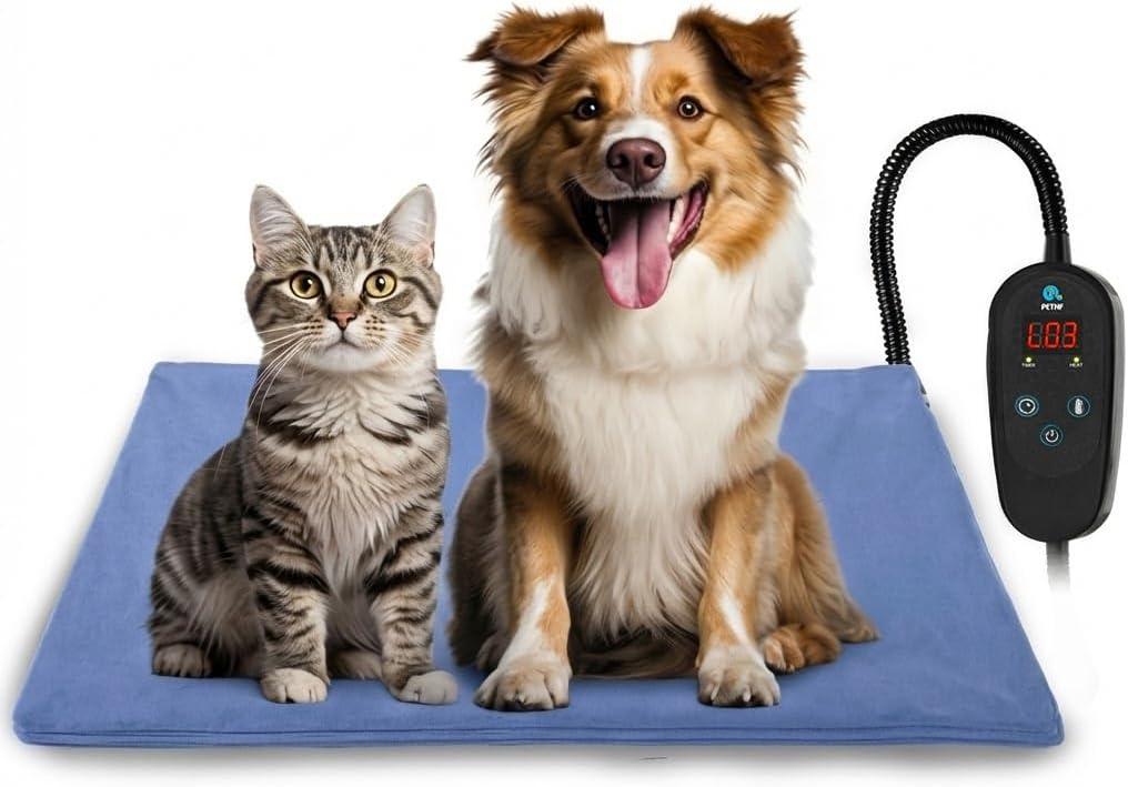 PETNF Pet Heating Pad Temperature Adjustment Dog Anti-bite Puppy with Timer Indoor Waterproof Pet Warming Electric Heated Bed Mat Dog (L: 29.5'' x 17.7'', Blue)