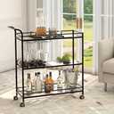 Alihdrna Black Bar Cart, Home Bar Serving Cart with Handle, Wine Cart with 3-Tier Glass Shelves, Beverage Cart with Wine Rack and Glass Holder, Bar Carts for The Home, Dining Room, Living Room