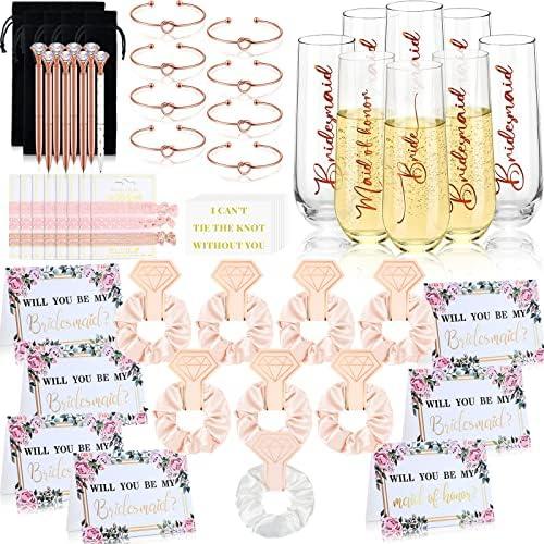 79 Pcs Maid of Honor Proposal Gifts Bridesmaids Proposal Gift Set Matron of Honor Gift Will You Be My Bridesmaid Champagne Flutes Hair Scrunchies Bracelet Card Diamond Pen(Pink)