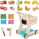 VEVOR Shopping Cart for Kids, Wooden, Toy Shopping Cart with Extra Storage, Realistic Play Food and Scanner, Grocery Store Pretend Play Toy Trolley, Baby Push Learning Walker, for Toddlers Ages 3+, Child-size