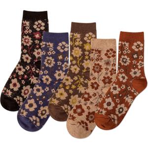 IIG 5 Pairs Womens Pretty Vintage Wool Socks Unique Print Design Soft Cozy Warm Crew Socks Christmas Gift (One Size, Retro Flowers 02 - 5 Pairs)