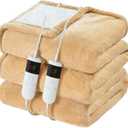 Electric Heated Blanket Queen Size 84''x90'' Soft Flannel & Sherpa Electric Blanket with 10 Heating Levels, Automatically Shut Down After 8h with Overheat Protection Machine Washable (Khaki)
