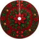 Christmas Tree Skirt 36 inch, Christmas Holly Bow Classic Xmas Tree Skirt Mat for New Year Holiday Christmas Party Decorations