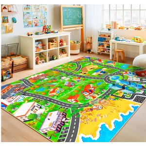 Pionblank Kids Car Rug for Playroom Classroom, Town City Life 5x7 Area Rugs Playmat,Non Slip Washable Trucks Track Carpet for Boys Girls