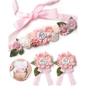 BumpPetal Flower Sash Set, Baby Shower Mom to Be Daddy to Be Corsage Pin, Pink Flower Belt for Maternity Dress, Pregnancy Photo Props Supplies, Gender Reveal Decorations