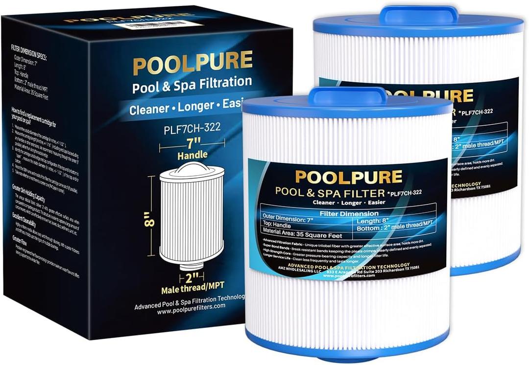 POOLPURE 7CH-322 Hot Tub Spa Filter Cartridge Compatible with PAS35-F2M, Unicel 7CH-322, Filbur FC-0420, Coleman 100520, 3301-2109, Aladdin 13202, Philter 70321, Artesian Top Load Spa 32 sqft, 2 Pack