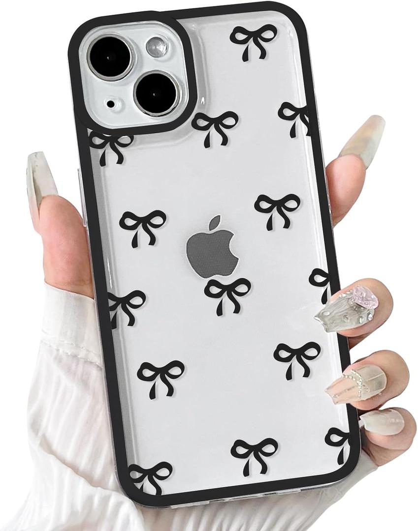 NITITOP for iPhone 14 Case Cute Ribbon Bow - Black | Aesthetics, Clear, Durable bowknot, Full camera lens, For woman girl, Soft TPU, Shockproof, Waterproof