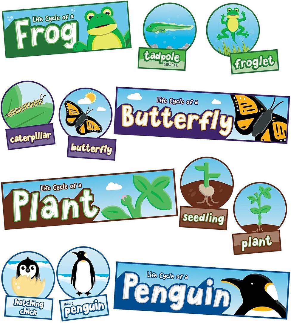Carson Dellosa 55pc Bundle Life Cycles Biology Bulletin Board Set, Colorful Cardstock Plant and Animal Cards, Butterflies, Frogs, Penguin Cutouts, Science Teacher Supplies, Homeschool, Classroom Decor