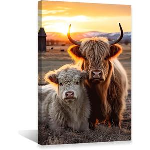 QIXIANG Highland Cow Canvas Wall Art Highland Fluffy Cattle Paintings Prints Farm Animal Pictures Wall Decor for Bathroom Frame (Highland Cow B, 16.00" x 24.00") 