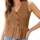 Womens Ruffle Hem Sweater Vests Sleeveless Peplum Cardigans V Neck Button Tank Top Knit Casual Vest Tops (Brown, L)