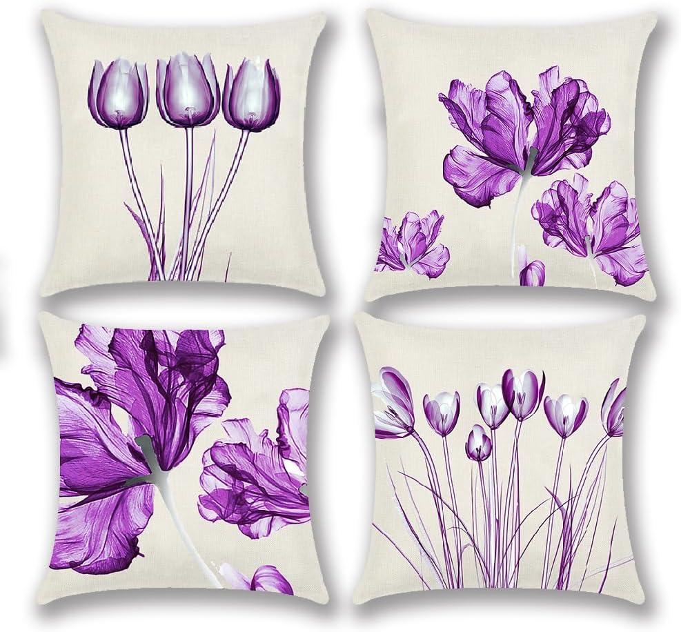 Outdoor Spring Floral Pillow Covers 18x18, Purple Living Room Couch Sofa Tulip Flower Pillow Garden Cushion Covers Summer Cushion Case for Home Secoration, 4 Pack
