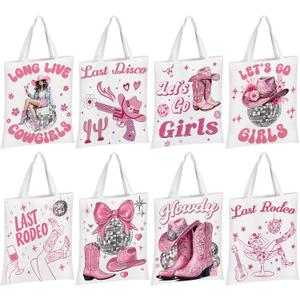 8 Pcs Western Cowgirls Tote Bags for Women Pink Coquette Canvas Gifts Bags Reusable Grocery Shoulder Bag for Disco Girls Birthday Party Favors