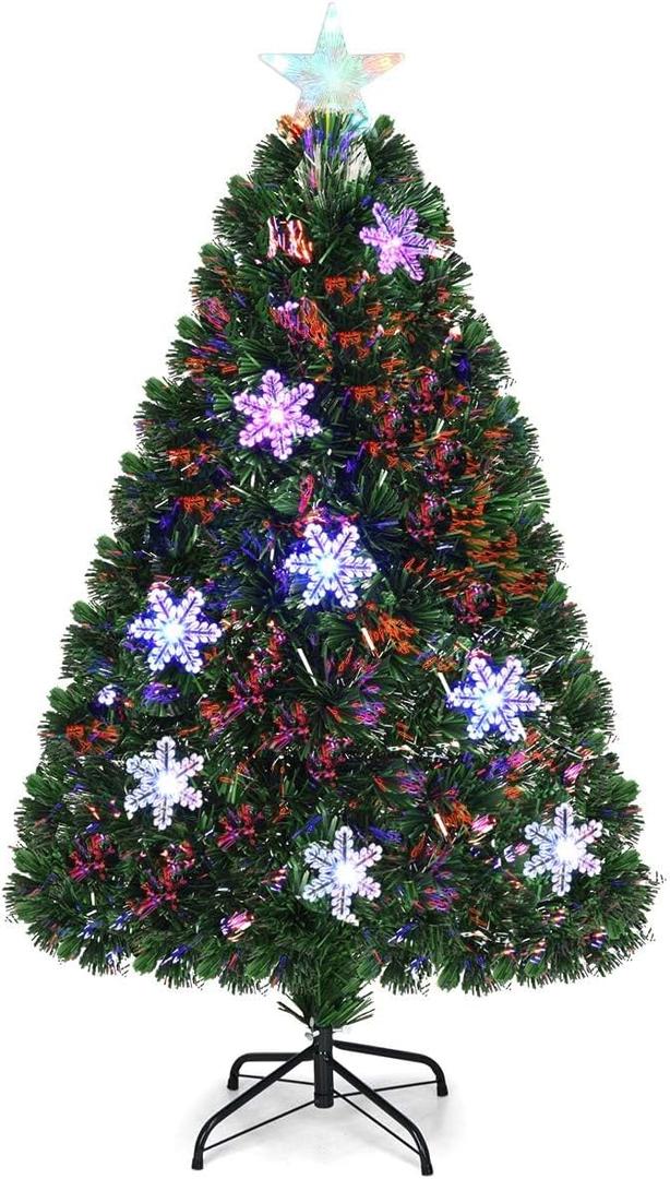 GOFLAME 4FT Pre-Lit Optical Fiber Christmas Artificial Tree with Multicolor LED Lights and Snowflakes