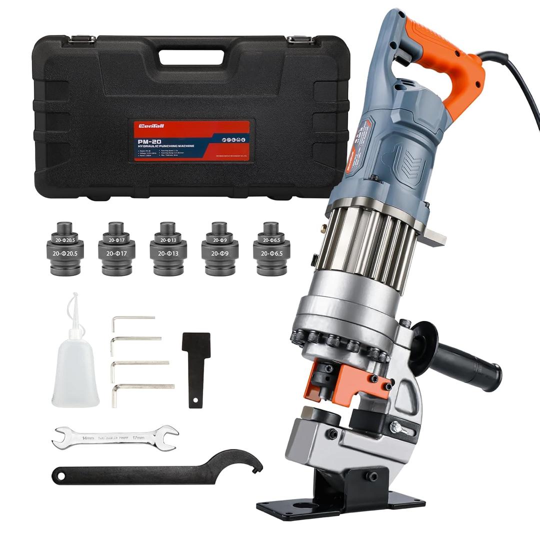 1300W Electric Hydraulic Hole Puncher 1/4"-4/5" Hydraulic Punching Machine Punching Tool Portable Punch Machine with 5 Dies for Iron Copper Aluminum Plate Angle Steel PM20 (Orange+Grey)