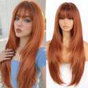 Allbell Ginger Wigs for Women 4x4 Realistic Scalp Free Parting Long Straight layered Wig With Bangs 26 inch Natural Looking Wig Synthetic Heat Resistant Fiber for Daily Party Use
