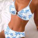 Fanuerg Women's Triangle Bikini Sets O Ring Linked Two Piece Swimsuits Floral Printed Cheeky Bathing Suit (Blue, M)