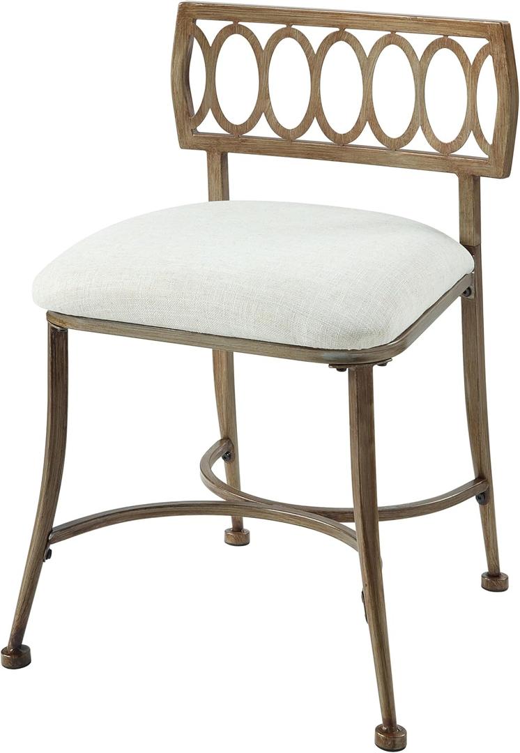Golden Bronze Low Back Vanity Stool Soft Linen Upholstery, Iron Frame, Padded Cushion Bathroom & Bedroom Accent Chair