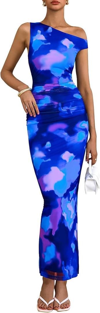 PRETTYGARDEN Women's 2026 Summer Floral One Shoulder Maxi Dress Wedding Guest Ruched Mesh Bodycon Long Cocktail Dresses (Blue, L)