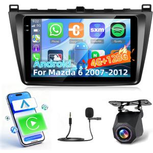 [4+128G] NHOPEEW Car Radio for Mazda 6 2007-2012 - Wireless Carplay and Android Auto - 9 Inch Incell Touchscreen Android Car Stereo - GPS / 5GHz WiFi/EQ Audio/SWC/Mirror Link + AHD Backup Camera