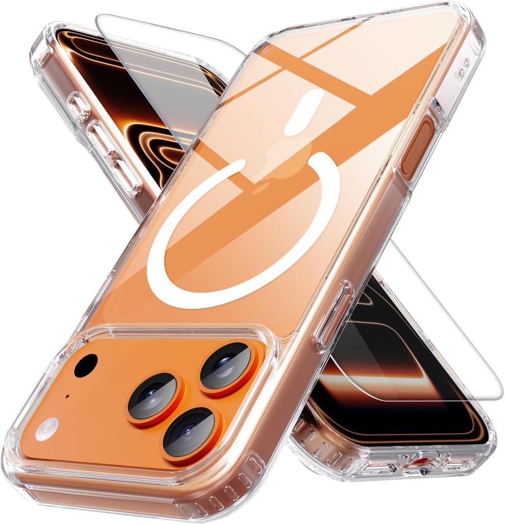 2 x PinLiSheng Anti-Yellowing Magnetic for iPhone 17 Pro Max Case with 1 Screen Protector [Mil-Grade Drop Protection] [Compatible with Magsafe] Shockproof Slim Transparent Protective Phone Case, Clear