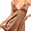 MakeMeChic Women's Satin Silk Nightgown Lace Trim Tie Back Babydoll Slip Dress Sleepwear (Brown, L)