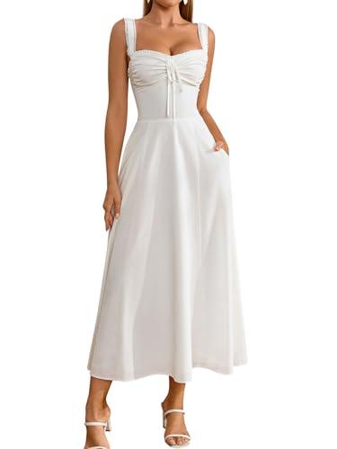 KUTUMAI Floral Corset Midi Dresses for Women 2026 Lace Up Flowy Summer Wedding Guest Dress with Pockets White L