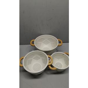 Metal Colander with Wood Handle | Set of 3 with Bamboo Handles | 1.5Q, 3Q, 5Q (Light Icing White)