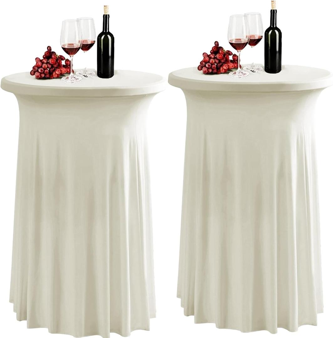 2 Pack Ivory Spandex Stretch Round Table Covers with Skirt - 24x43 Inch Fitted Elastic Cocktail Tablecloth for High Top Bar, Party & Wedding Decor, Ivory