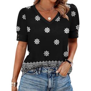 OFEEFAN Womens Tops Short Sleeve Shirts Buttons V Neck Spring Fashion Summer Outfits Plus Size Blouses Dressy Casual (Small,  Black)