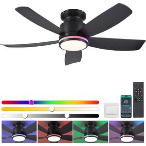 Ceiling Fans with RGB Lights and Remote/APP Control, 41" Low Profile Ceiling Fan with Dimmable White Lights+RGB Ring Lights, 5 Reversible Curved Blades 3 CCT 6 Speeds for Bedroom Living Room, Black