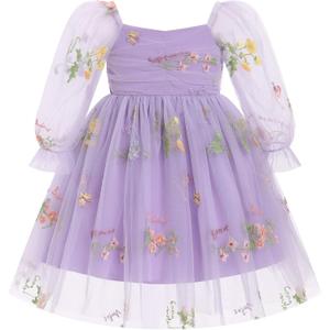 IMEKIS Toddler Girl Birthday Dress Floral Confetti Tulle Formal Wedding Party Long Sleeve Dress Cake Smash Photo Shoot (5-6 Years)