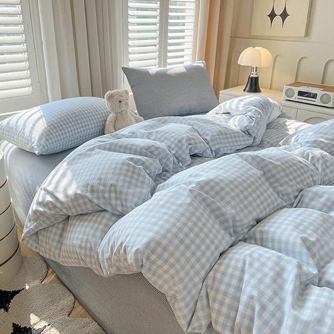 Nayoroom Gingham Duvet Cover Queen Size Blue White Plaid Checkered Comforter Cover 3 Pcs Soft Breathable Washed Microfiber Grid Farmhouse Bedding Set with Pillow Shams (No Comforter)