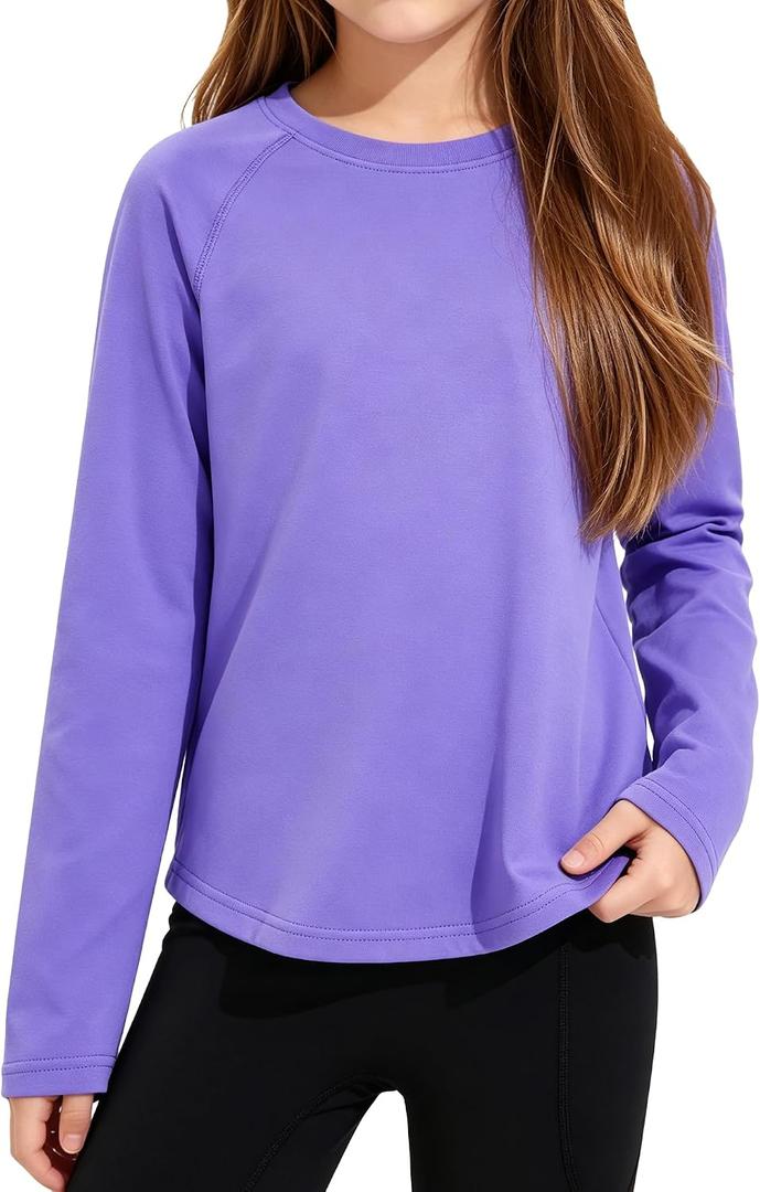 Girls' Sweatshirt Purple Long Sleeve Sports Tops Round Neck Loose Pullover Solid Athletic Tee Shirts (Purple)
