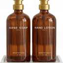 Luxury Glass Soap and Lotion Dispenser Set with Tray by Brighter Barns - Hand Soap Dispenser Bathroom Set w/Stainless Steel Pump - Gold Bathroom Decor for Guest House, Airbnb, Spa, Gift (Amber/Gold)