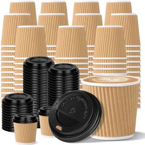 100 4oz Disposable Espresso Cups with Lids Ripple Corrugated Paper Disposable Coffee Cups Cups for Hot Chocolate, Tea, and Cocoa Drinks (Khaki)