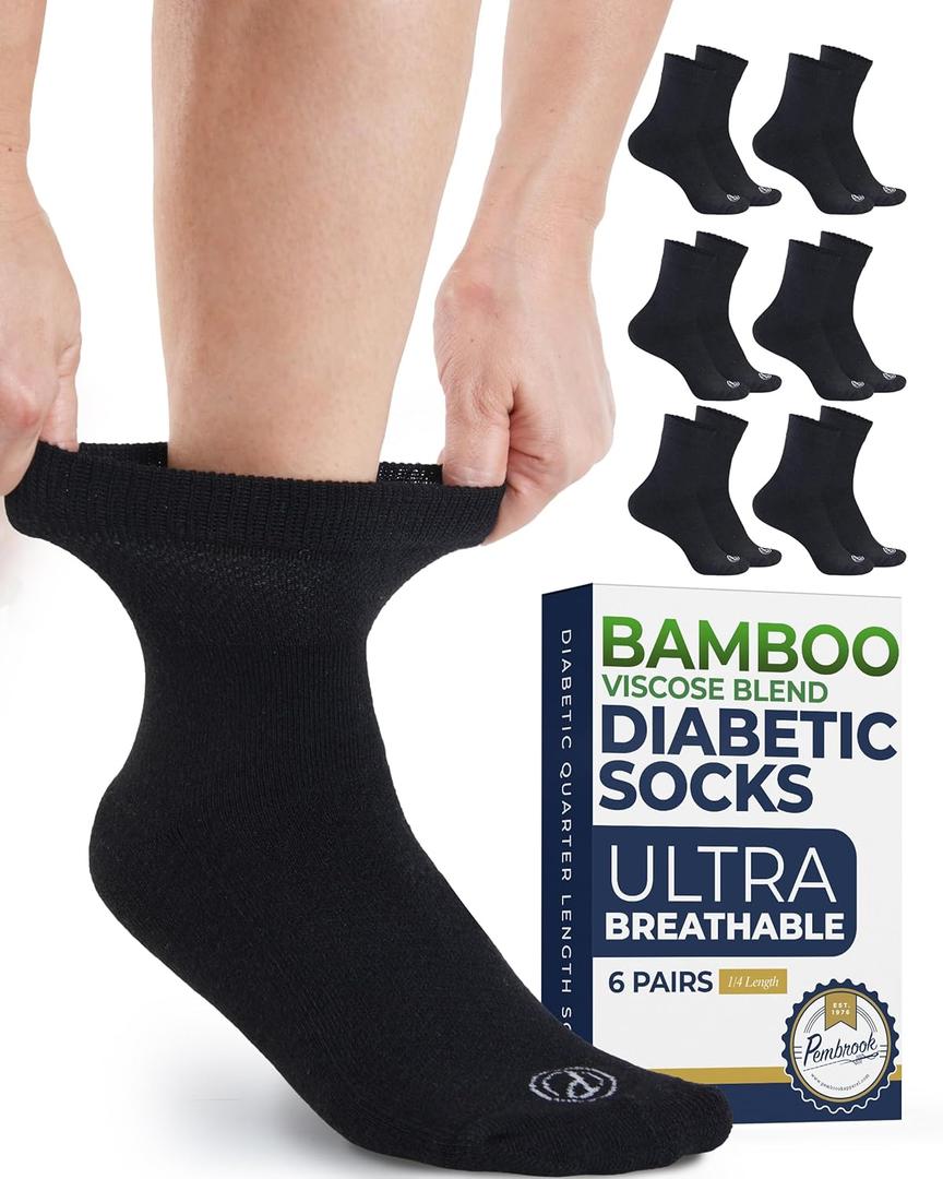 Pembrook Bamboo Viscose Diabetic Socks for Women & Men - 6 Pairs | Breathable Wide Non Binding Plus Size Socks | Loose Fit (Medium)