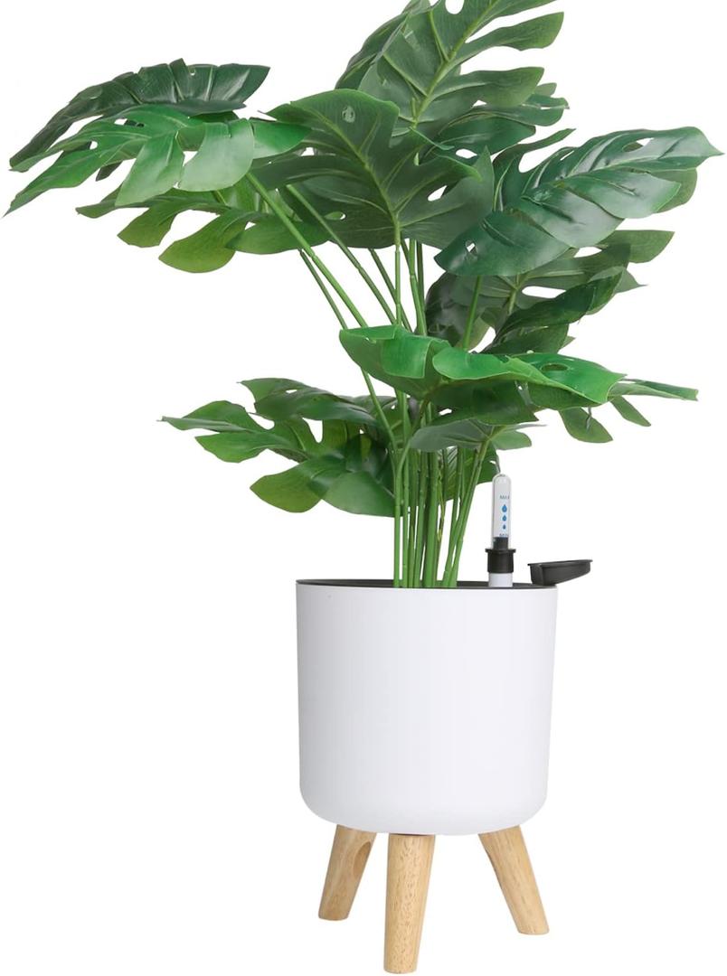 6.5" Self Watering Planters (2 Pack) for Indoor Plants with Water Indicator, White Modern Flower Pot with Wood Stand for Office Home Decor Garden