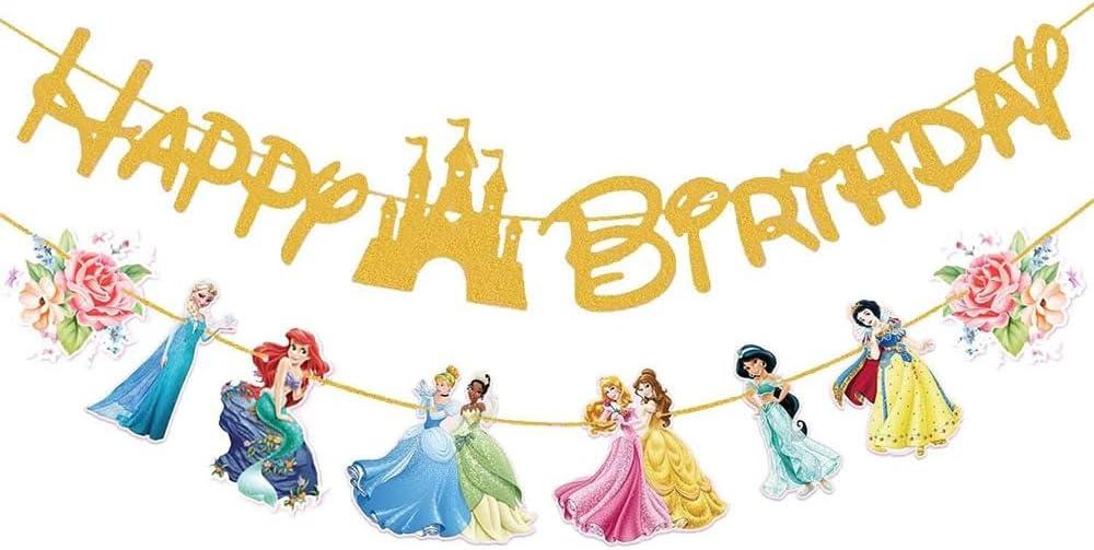 Princess Birthday Party Decorations, Cute Gold Glitter Happy Birthday Banner and Princess Banners for Girls, Party Decorations