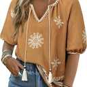 Womens Summer Boho Tops Casual V Neck Short Sleeve Blouses Floral Print Shirt Tie Front Flowy Vacation Clothes Medium