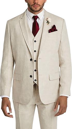 Linen Suits for Men Slim Fit 3 Piece Mens Linen Suit Beach Wedding Groomsmen Prom Suit Summer Blazer Vest Pants, L, Beige