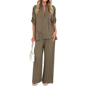 KIRUNDO Two Piece Sets for Women Spring Outfits 2026 Summer Fall Dressy Casual Button Down Shirt Wide Leg Pants Lounge Set, XL, Khaki