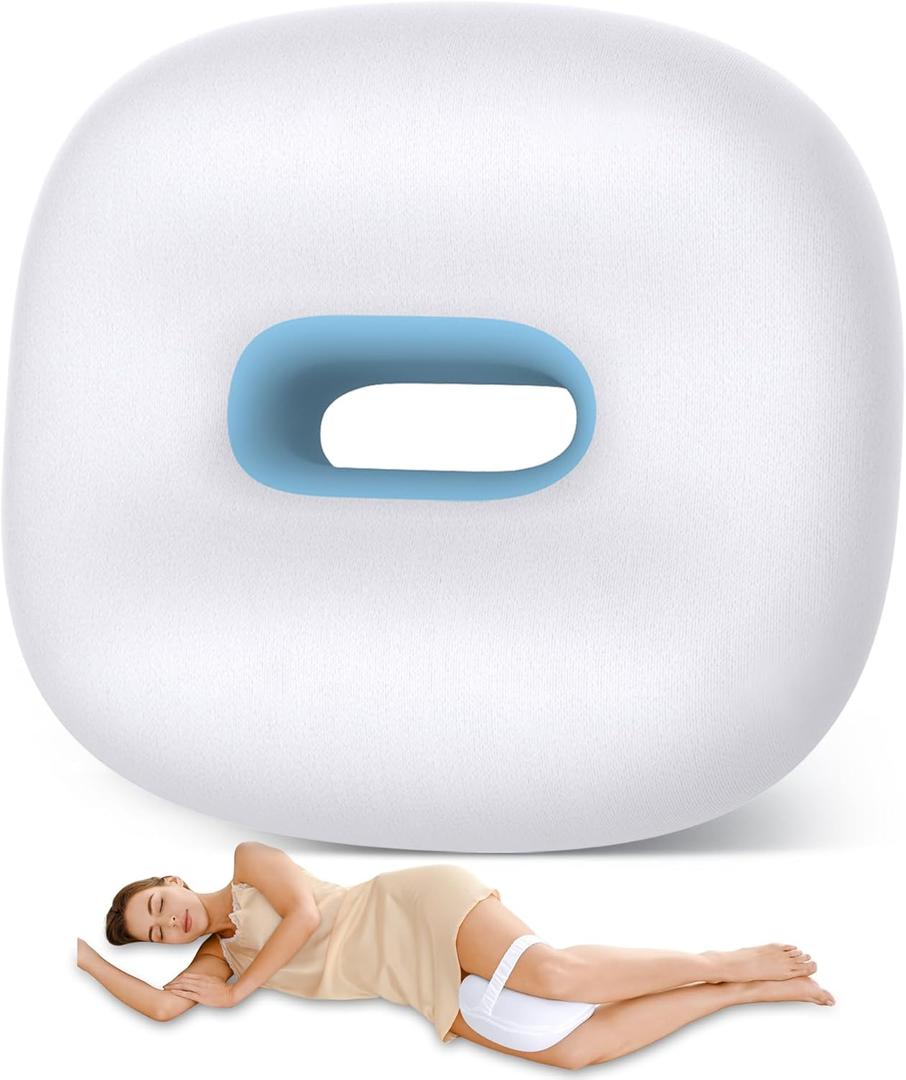 Knee Pillow for Side Sleepers, Memory Foam Leg Pillow for Side Sleeping, Between Legs Pillow for Back Hip Pain, Spine Aligning, Sciatica, Pregnancy-Under Knee Pillow with Ice Silk Cover and Strap (White&Blue)