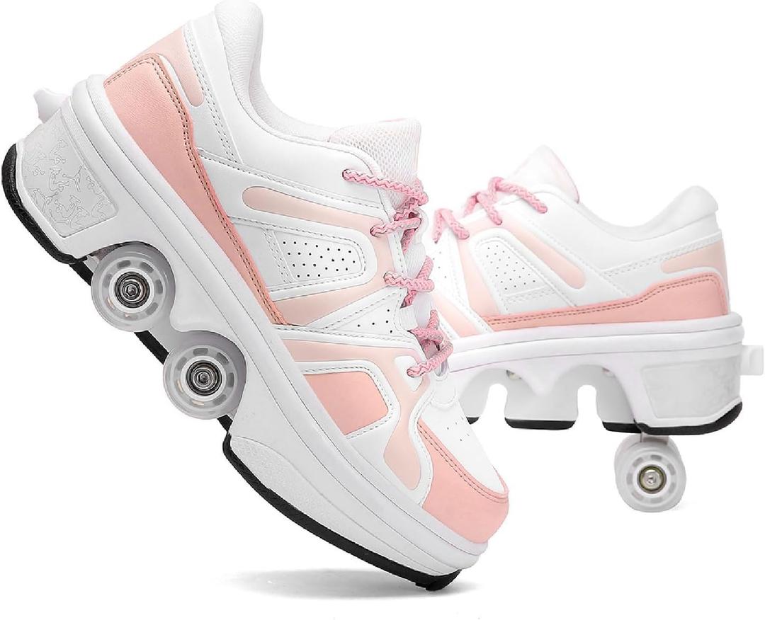 Pairduck Roller Skates for Women - Retractable Roller Shoes 2-in-1 for Indoor & Outdoor Skating with Adjustable Wheels (8, White Pink With Led)