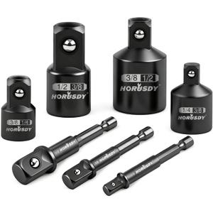 HORUSDY 7 Piece Impact Sockets Adapter Set, Hex Shank Socket to Drill Adapter 1/4" 3/8" 1/2", Cr-V Steel Impact Driver Wrench Socket Reducer Set