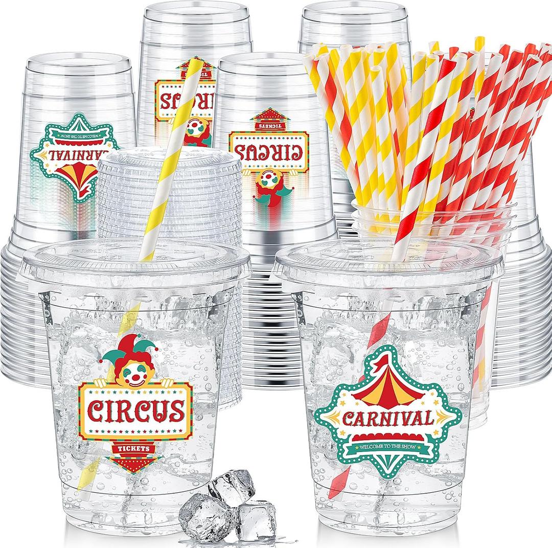 FoldTier 50 Pcs Carnival Party Plastic Cups 12 oz Disposable Plastic Cups with Straws and Lids Circus Clear mug Birthday mugs Supplies Birthday Table Decorations Party Favor, 3.5 X 2.2 X 4.2 Inches