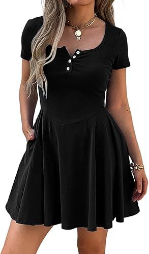Women Summer Square Neck Mini Dresses Button Down Drop Waist T Shirt Dress Short Swing Sundress with Pockets