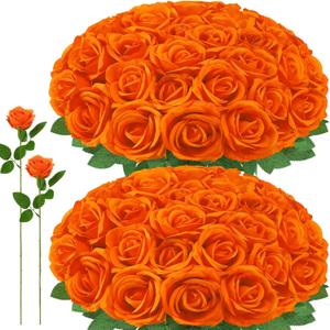 72 Pcs Artificial Roses Burnt Orange Fake Silk Roses Realistic Roses Faux Flower Indoor Wedding Home Decor, Birthday Decorations